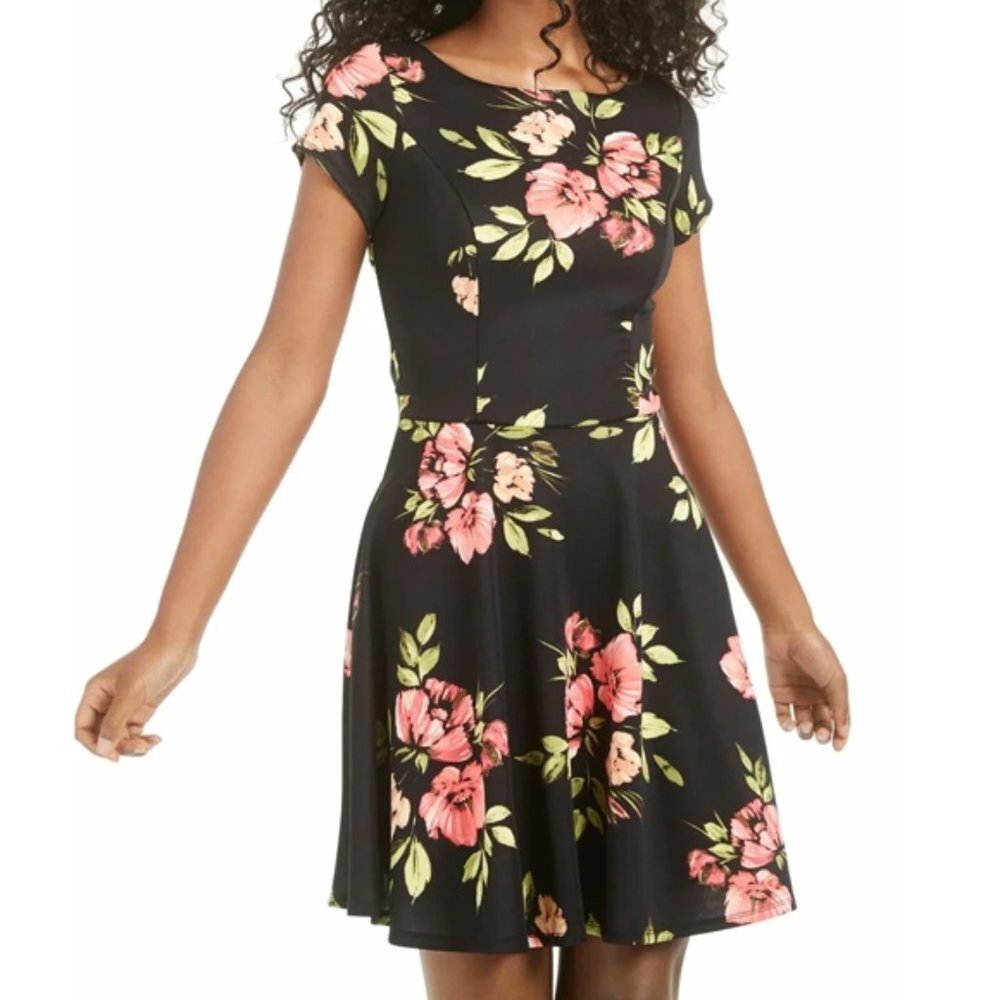Trixxi Black Floral Cap Sleeve A-Line Dress M
